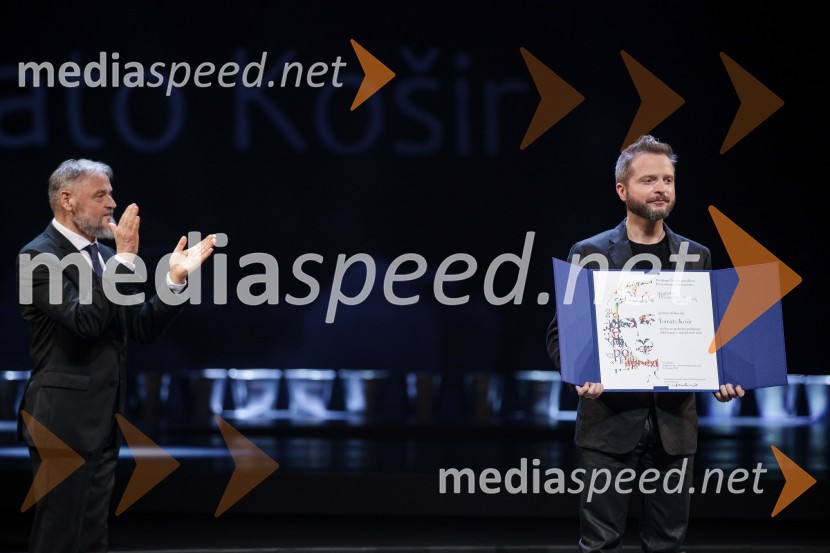 dr. Jožef Muhovič, predsednik Upravnega odbora Prešernovega sklada;  Tomato Košir, oblikovalecDržavna proslava ob kulturnem prazniku in podelitev Prešernovih nagrad 2024