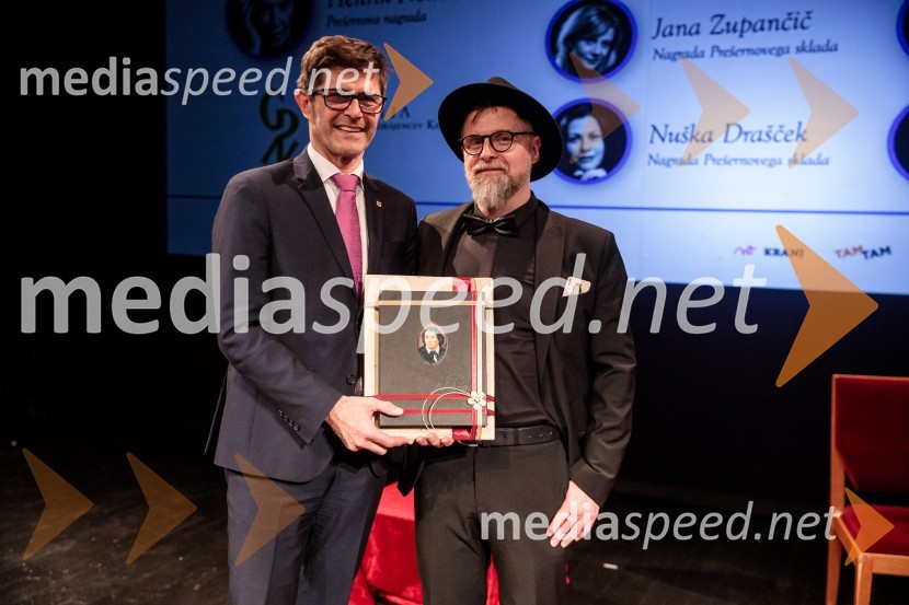  Matjaž Rakovec, župan Mestne občine Kranj;  Ciril Horjak alias dr. Horowitz, ilustratorPrešernov dan v Kranju