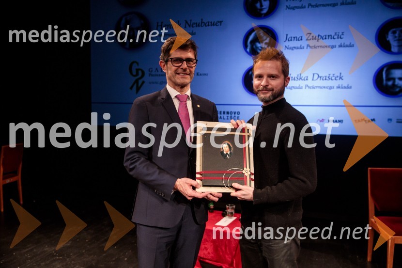  Matjaž Rakovec, župan Mestne občine Kranj;  Tomato Košir, oblikovalecPrešernov dan v Kranju