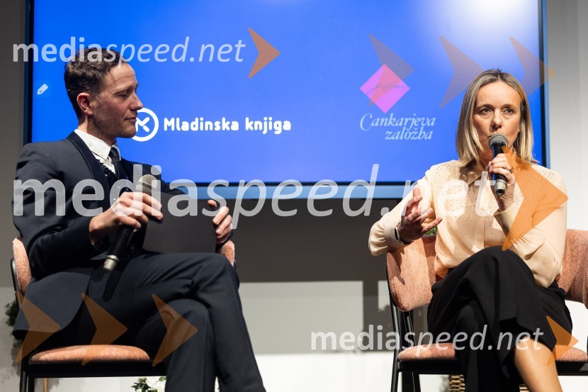  Klemen Slakonja, igralec, komik in TV voditelj;  Simona Mele, predsednica uprave Mladinska knjigaSrečanje avtorjev Mladinske knjige in Cankarjeve založbe