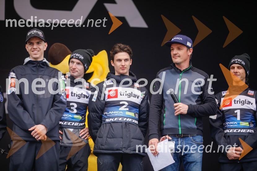  Žak Mogel, smučarski skakalec;  Žiga  Jelar, smučarski skakalec;  Maksim Bartolj, smučarski skakalec;  Mitja Šeško, moderator prireditev ;  Matija Vidic, smučarski skakalecPlanica 2024, četrtek