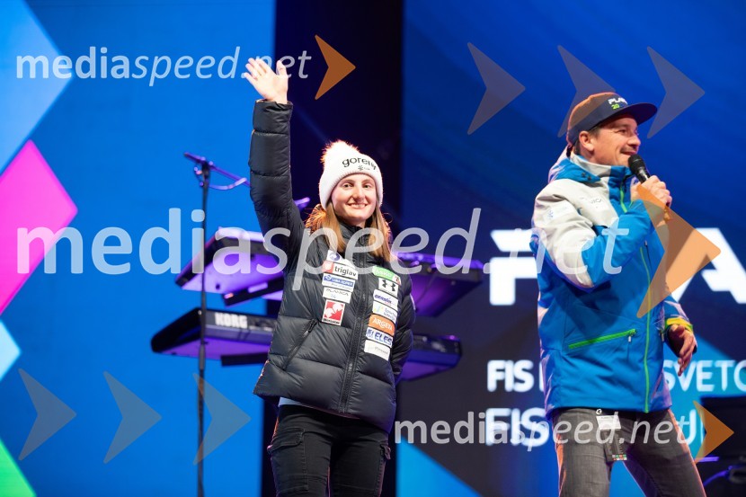  Katra Komar, smučarska skakalka;  Mitja Šeško, moderator prireditev Planica 2024, petkov večerni program Miran Rudan inDESIGN