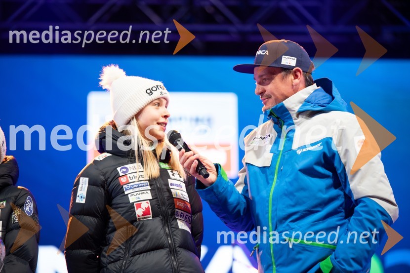  Taja Bodlaj, smučarska skakalka;  Mitja Šeško, moderator prireditev Planica 2024, petkov večerni program Miran Rudan inDESIGN