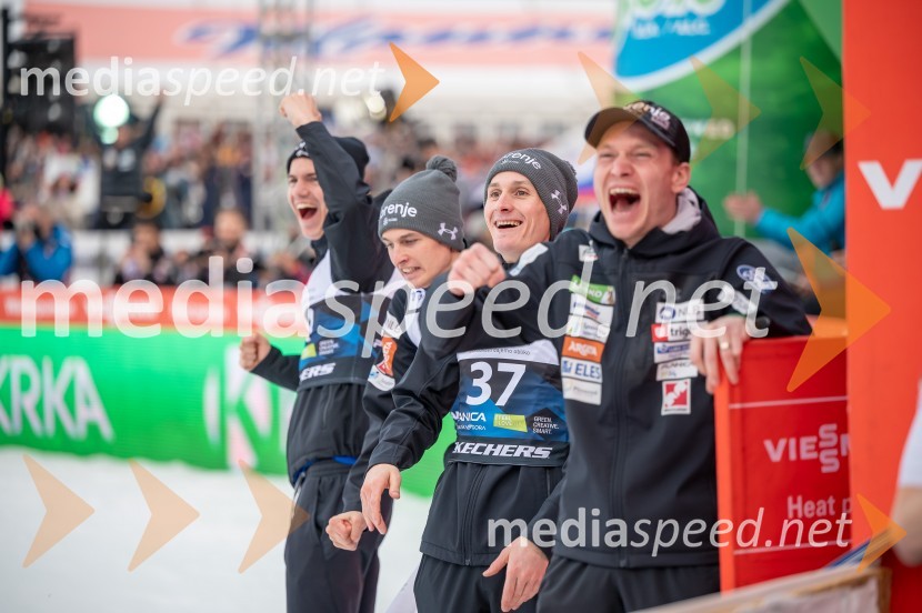  Žak Mogel, smučarski skakalec;  Maksim Bartolj, smučarski skakalec;  Domen Prevc, smučarski skakalec;  Anže Lanišek, smučarski skakalecPlanica 2024, petek in zmaga Petra Prevca