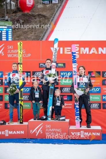  Daniel Huber, smučarski skakalec;  Peter  Prevc, smučarski skakalec;  Johann Andre Forfang, smučarski skakalecPlanica 2024, petek in zmaga Petra Prevca