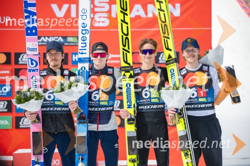  Johann Andre Forfang, smučarski skakalec;  Marius Lindvik, smučarski skakalec (Norveška);  Benjamin Oestvold, smučarski skakalec (Norveška);  Robert  Johansson, smučarski skakalec (Norveška)Planica 2024, sobota