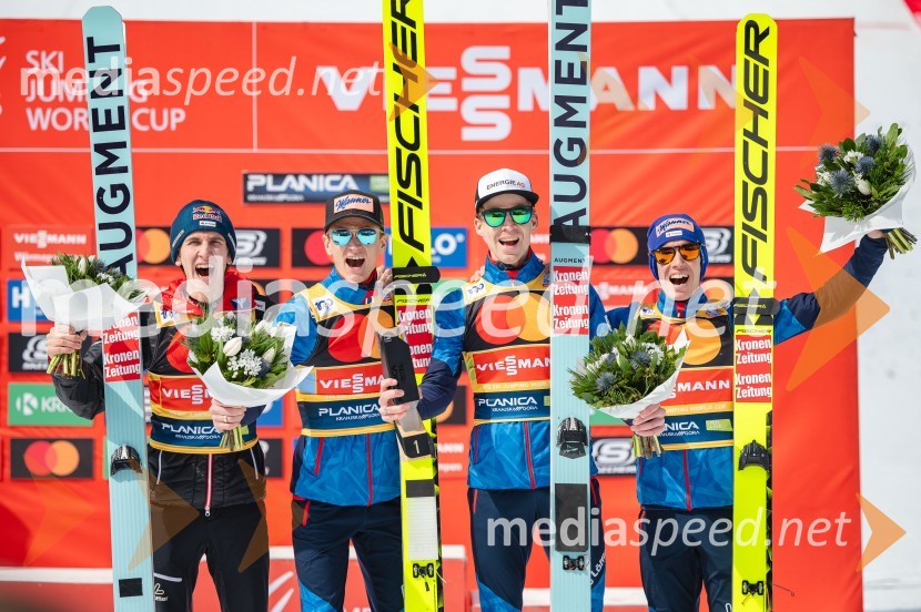  Daniel Tschofenig, smučarski skakalec (Avstrija);  Daniel Huber, smučarski skakalec (Avstrija);  Michael  Hayböeck, smučarski skakalec (Avstrija);  Stefan Kraft, smučarski skakalec (Avstrija)Planica 2024, sobota