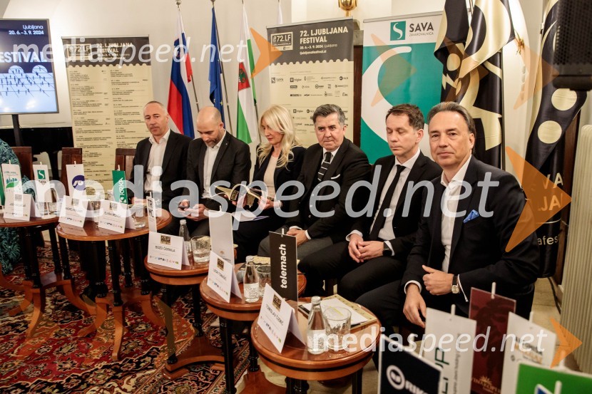  Jošt Dolničar, predsednik uprave, Zavarovalnica Sava;  Andrej Krajner, direktor komunikacij, NLB;  Elvira Medved,  vodja Službe za odnose z javnostmi Krka d.d.;  Božo  Černila, direktor, Trimo;  Leon Tomašić, direktor, Terme Doberna;  Tomislav Čizmić, predsednik poslovodstva družbe, Telemach Slovenija d.o.o.Novinarska konferenca 72. Ljubljana Festivala