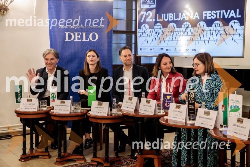 mag. David Kastelic, predsednik uprave, Grawe zavarovalnica d.d;  Lea Cimperman Acman, vodja odnosov z javnostmi, Spar Slovenija d.o.o.;  John Denhof, predsednik uprave NKBM;  Mojca Avšič, direktorica marketinga in uporabniške izkušnje, Petrol;  Nataša  Luša, direktorica družbe Delo d.o.o.Novinarska konferenca 72. Ljubljana Festivala