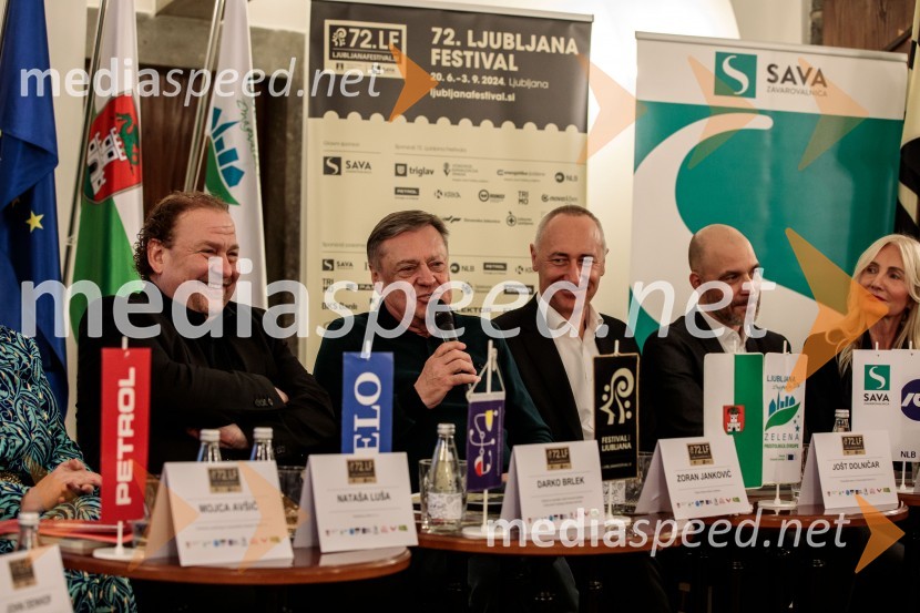  Darko  Brlek, direktor in umetniški vodja, Festival Ljubljana;  Zoran Janković, župan, Mestna občina Ljubljana;  Jošt Dolničar, predsednik uprave, Zavarovalnica Sava;  Andrej Krajner, direktor komunikacij, NLBNovinarska konferenca 72. Ljubljana Festivala