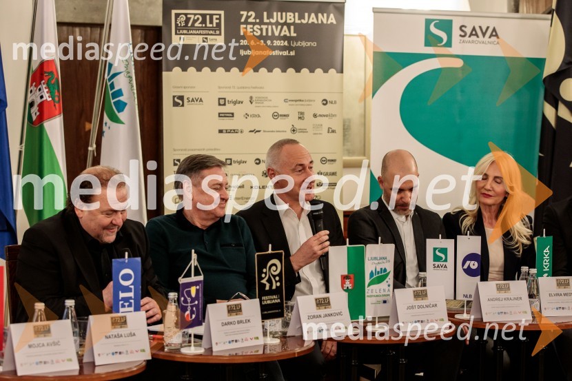  Darko  Brlek, direktor in umetniški vodja, Festival Ljubljana;  Zoran Janković, župan, Mestna občina Ljubljana;  Jošt Dolničar, predsednik uprave, Zavarovalnica Sava;  Andrej Krajner, direktor komunikacij, NLB;  Elvira Medved,  vodja Službe za odnose z javnostmi Krka d.d.Novinarska konferenca 72. Ljubljana Festivala