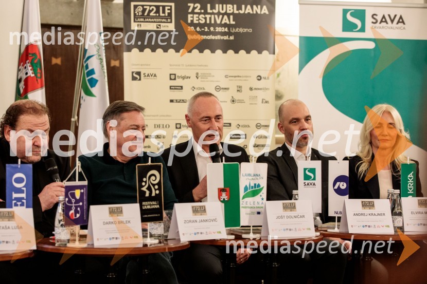  Darko  Brlek, direktor in umetniški vodja, Festival Ljubljana;  Zoran Janković, župan, Mestna občina Ljubljana;  Jošt Dolničar, predsednik uprave, Zavarovalnica Sava;  Andrej Krajner, direktor komunikacij, NLB;  Elvira Medved,  vodja Službe za odnose z javnostmi Krka d.d.Novinarska konferenca 72. Ljubljana Festivala