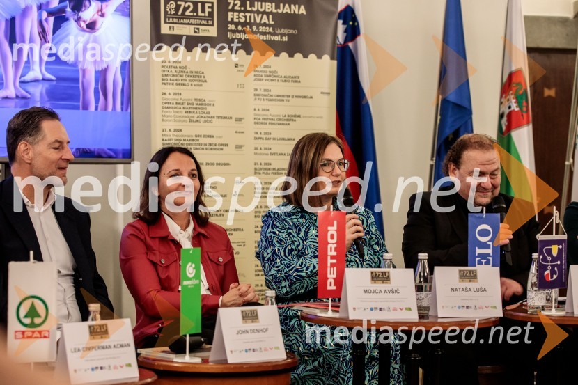  John Denhof, predsednik uprave NKBM;  Mojca Avšič, direktorica marketinga in uporabniške izkušnje, Petrol;  Nataša  Luša, direktorica družbe Delo d.o.o.;  Darko  Brlek, direktor in umetniški vodja, Festival LjubljanaNovinarska konferenca 72. Ljubljana Festivala