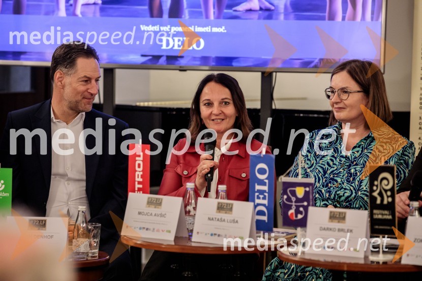  John Denhof, predsednik uprave NKBM;  Mojca Avšič, direktorica marketinga in uporabniške izkušnje, Petrol;  Nataša  Luša, direktorica družbe Delo d.o.o.Novinarska konferenca 72. Ljubljana Festivala
