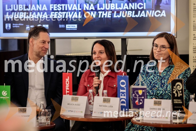  John Denhof, predsednik uprave NKBM;  Mojca Avšič, direktorica marketinga in uporabniške izkušnje, Petrol;  Nataša  Luša, direktorica družbe Delo d.o.o.Novinarska konferenca 72. Ljubljana Festivala