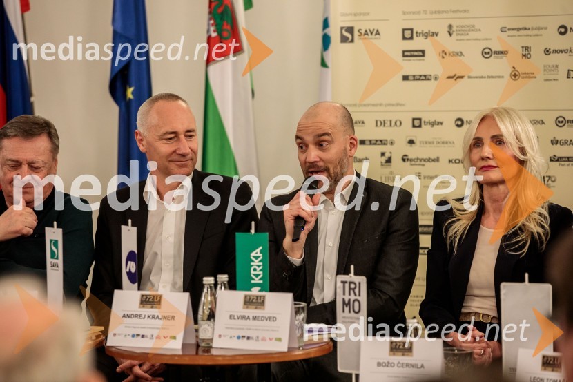  Jošt Dolničar, predsednik uprave, Zavarovalnica Sava;  Andrej Krajner, direktor komunikacij, NLB;  Elvira Medved,  vodja Službe za odnose z javnostmi Krka d.d.Novinarska konferenca 72. Ljubljana Festivala