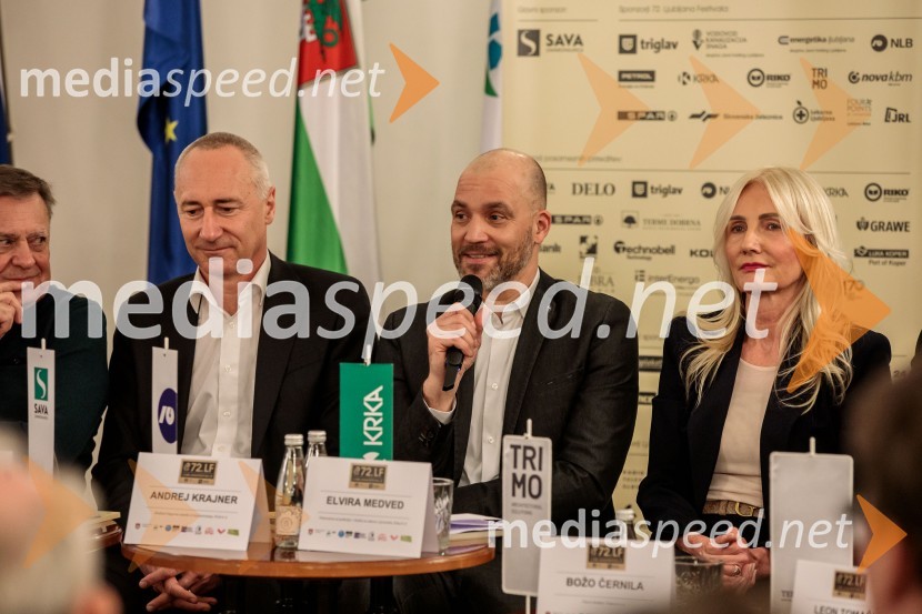  Jošt Dolničar, predsednik uprave, Zavarovalnica Sava;  Andrej Krajner, direktor komunikacij, NLB;  Elvira Medved,  vodja Službe za odnose z javnostmi Krka d.d.Novinarska konferenca 72. Ljubljana Festivala