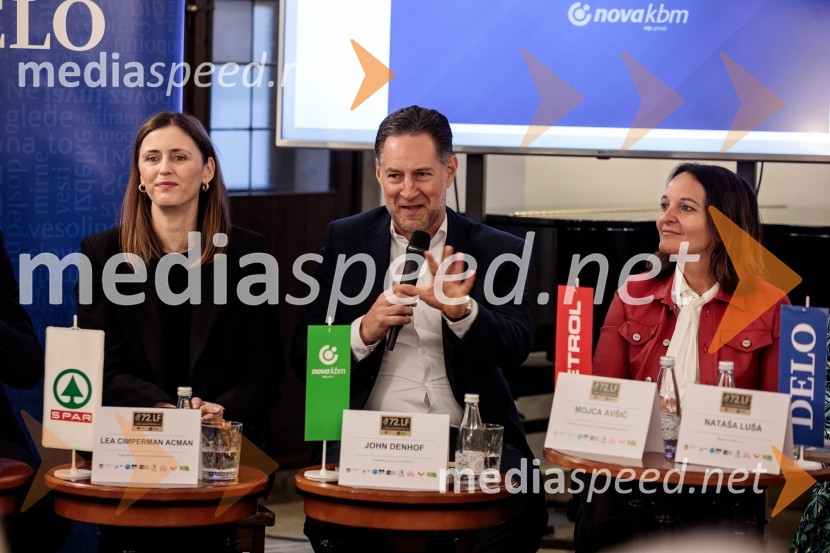 Lea Cimperman Acman, vodja odnosov z javnostmi, Spar Slovenija d.o.o.;  John Denhof, predsednik uprave NKBM;  Mojca Avšič, direktorica marketinga in uporabniške izkušnje, PetrolNovinarska konferenca 72. Ljubljana Festivala