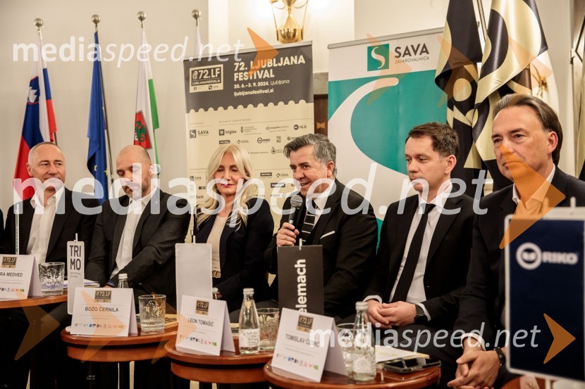  Jošt Dolničar, predsednik uprave, Zavarovalnica Sava;  Andrej Krajner, direktor komunikacij, NLB;  Elvira Medved,  vodja Službe za odnose z javnostmi Krka d.d.;  Božo  Černila, direktor, Trimo;  Leon Tomašić, direktor, Terme Doberna;  Tomislav Čizmić, predsednik poslovodstva družbe, Telemach Slovenija d.o.o.Novinarska konferenca 72. Ljubljana Festivala