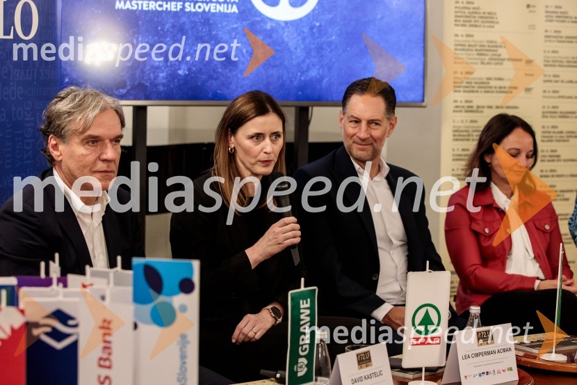 mag. David Kastelic, predsednik uprave, Grawe zavarovalnica d.d;  Lea Cimperman Acman, vodja odnosov z javnostmi, Spar Slovenija d.o.o.;  John Denhof, predsednik uprave NKBMNovinarska konferenca 72. Ljubljana Festivala