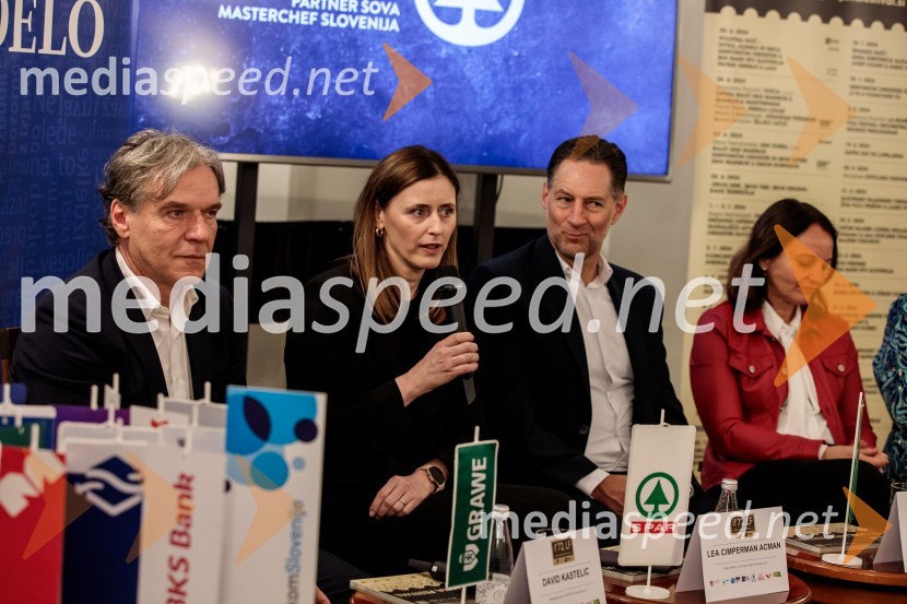 mag. David Kastelic, predsednik uprave, Grawe zavarovalnica d.d;  Lea Cimperman Acman, vodja odnosov z javnostmi, Spar Slovenija d.o.o.;  John Denhof, predsednik uprave NKBMNovinarska konferenca 72. Ljubljana Festivala
