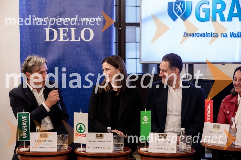 mag. David Kastelic, predsednik uprave, Grawe zavarovalnica d.d;  Lea Cimperman Acman, vodja odnosov z javnostmi, Spar Slovenija d.o.o.;  John Denhof, predsednik uprave NKBMNovinarska konferenca 72. Ljubljana Festivala