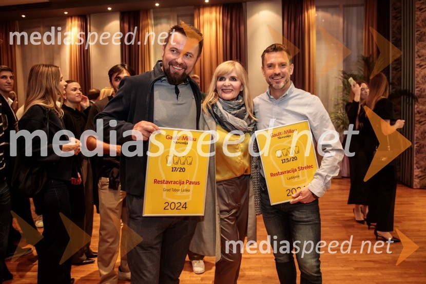  Marko Pavčnik, chef, restavracija Pavus;  Dada  Jerovšek, Kaval Group;  Igor Jagodic, kuharski mojster, restavracija Strelec, dobitnik Michelinove zvezdice 2022Gault&Millau 2024, gala podelitev priznanj