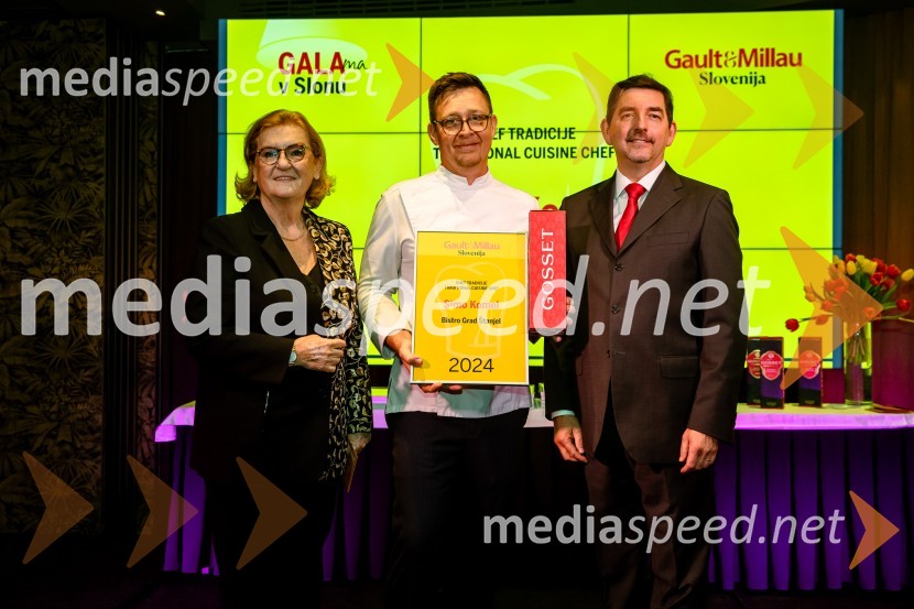  Mira Šemić, direktorica, Gault&Millau Slovenija;  Simo Komel, Bistro Grad Štanjel, Štanjel; dr. Aleš Musar, lastnik Ruske dačeGault&Millau 2024, gala podelitev priznanj