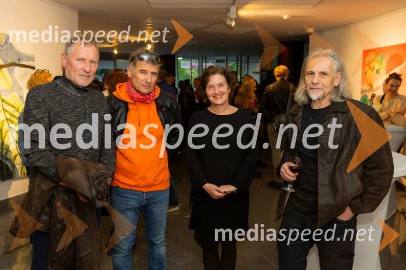  Aleksij Kobal, slikar in glasbenik;  Silvester  Plotajs Sicoe, slikar;  Petra  Bizilj Silva, kustosinja Generali galerije;  Jurij  Kalan, slikarOdprtje razstave Barbare Kastelec: Gobe, hrana bogov v Generali galeriji