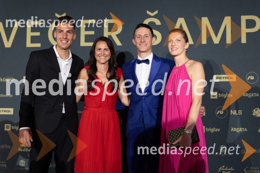  Timi Zajc, smučarski skakalec;  Nuša Rakovec, Zavod SLOSKI;  Peter  Prevc, smučarski skakalec;  Mina PrevcVečer šampionov 2024