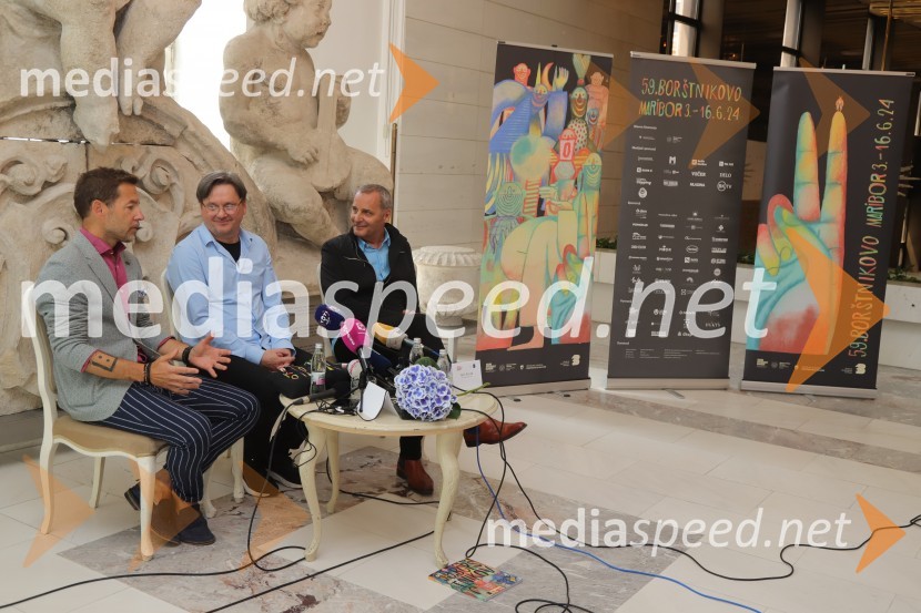 Aleš Novak, umetniški direktor Festival Borštnikovo srečanje;  Branko Šturbej, igralec;  Danilo Rošker, direktor SNG MariborNovinarska konferenca pred začetkom 59. Festivala Borštnikovo srečanje
