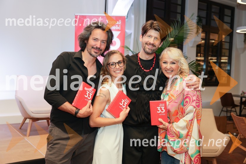  Matej Mijatović;  Maja Bobnar Majči, voditeljica;  Tomaž Mihelič - Marlenna, član skupine Sestre;  Alenka Godec, pevkaPredstavitev knjige: 33, avtorja Tomaža Miheliča