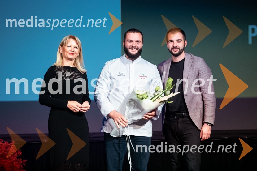 mag. Maja Pak Olaj, direktorica, Slovenska turistična organizacija;  Marko Magajne, chef, Galerija okusov;  Gašper Puhan, direktor Geolux in Galerija Okusov, podpredsednik krovne organizacije JRERazglasitev izbora Michelin guide Slovenija 2024