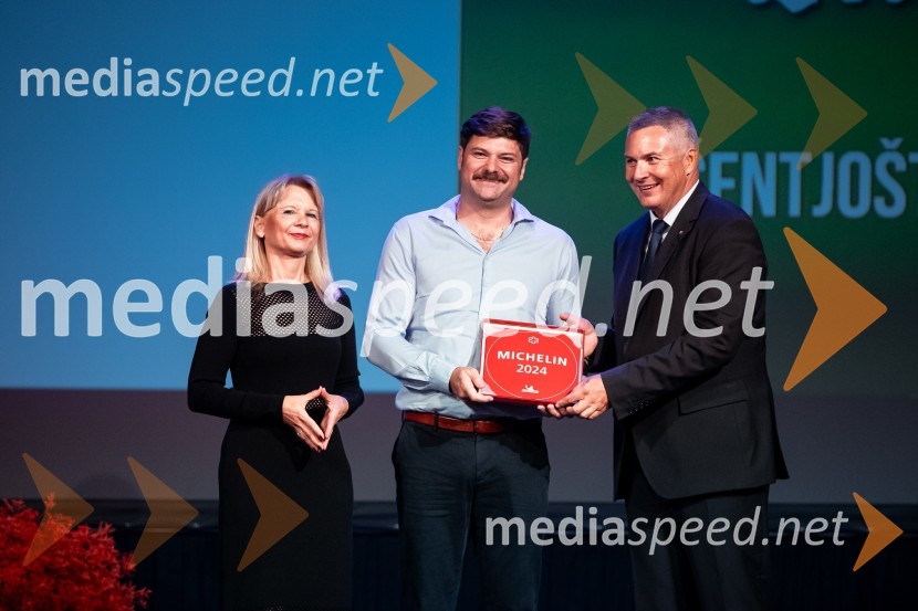 mag. Maja Pak Olaj, direktorica, Slovenska turistična organizacija;  Nejc Farčnik, Grič restavracija; mag. Dejan  Židan, državni sekretar na Ministrstvu za gospodarstvo, turizem in športRazglasitev izbora Michelin guide Slovenija 2024