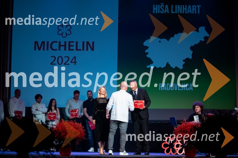 mag. Maja Pak Olaj, direktorica, Slovenska turistična organizacija;  Uroš Štefelin, kuharski mojster, Hiša Linhart Radolca; mag. Dejan  Židan, državni sekretar na Ministrstvu za gospodarstvo, turizem in športRazglasitev izbora Michelin guide Slovenija 2024