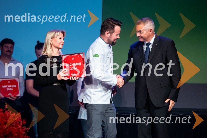 mag. Maja Pak Olaj, direktorica, Slovenska turistična organizacija;  Marko Pavčnik, chef, restavracija Pavus; mag. Dejan  Židan, državni sekretar na Ministrstvu za gospodarstvo, turizem in športRazglasitev izbora Michelin guide Slovenija 2024