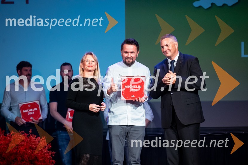 mag. Maja Pak Olaj, direktorica, Slovenska turistična organizacija;  Marko Pavčnik, chef, restavracija Pavus; mag. Dejan  Židan, državni sekretar na Ministrstvu za gospodarstvo, turizem in športRazglasitev izbora Michelin guide Slovenija 2024