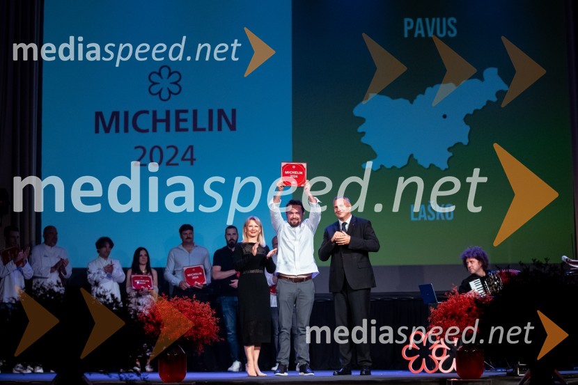 mag. Maja Pak Olaj, direktorica, Slovenska turistična organizacija;  Marko Pavčnik, chef, restavracija Pavus; mag. Dejan  Židan, državni sekretar na Ministrstvu za gospodarstvo, turizem in športRazglasitev izbora Michelin guide Slovenija 2024