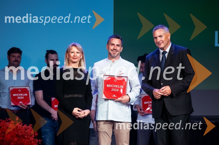mag. Maja Pak Olaj, direktorica, Slovenska turistična organizacija;  Igor Jagodic, kuharski mojster, restavracija Strelec; mag. Dejan  Židan, državni sekretar na Ministrstvu za gospodarstvo, turizem in športRazglasitev izbora Michelin guide Slovenija 2024