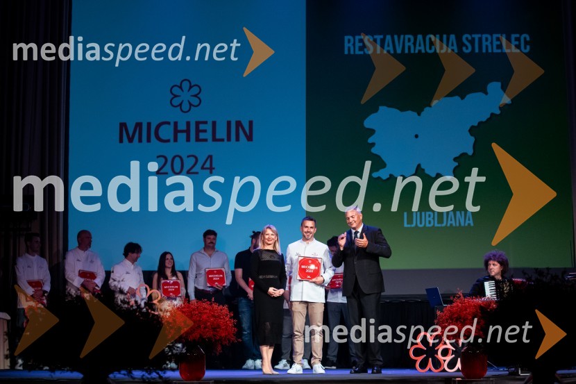 mag. Maja Pak Olaj, direktorica, Slovenska turistična organizacija;  Igor Jagodic, kuharski mojster, restavracija Strelec; mag. Dejan  Židan, državni sekretar na Ministrstvu za gospodarstvo, turizem in športRazglasitev izbora Michelin guide Slovenija 2024