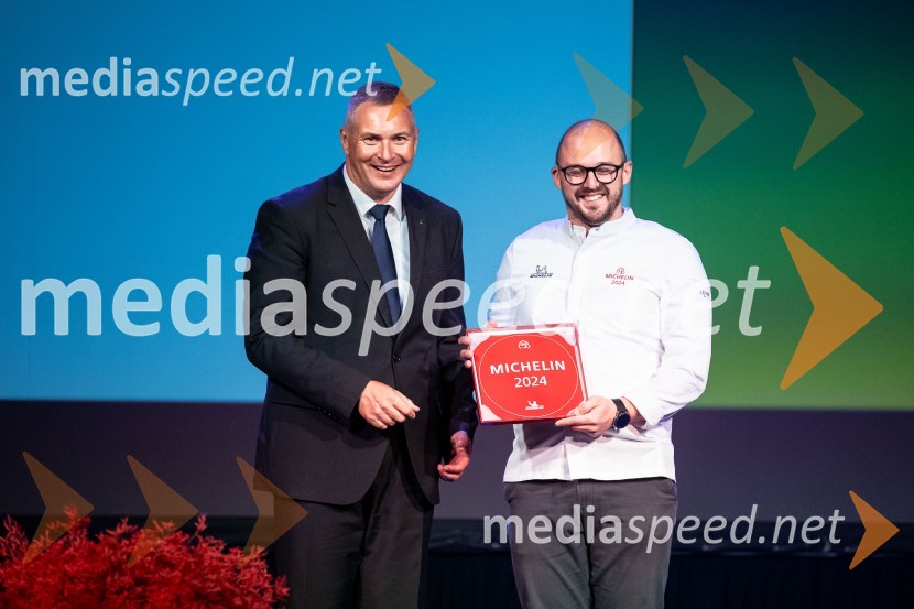 mag. Dejan  Židan, državni sekretar na Ministrstvu za gospodarstvo, turizem in šport;  Matej Lavrenčič, šef Gostilne in vinoteke FaladurRazglasitev izbora Michelin guide Slovenija 2024