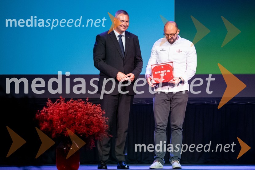 mag. Dejan  Židan, državni sekretar na Ministrstvu za gospodarstvo, turizem in šport;  Matej Lavrenčič, šef Gostilne in vinoteke FaladurRazglasitev izbora Michelin guide Slovenija 2024
