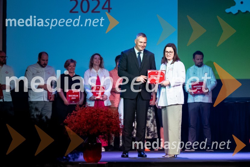 mag. Dejan  Židan, državni sekretar na Ministrstvu za gospodarstvo, turizem in šport;  Ksenija Krajšek Mahorčič, kuharska mojstrica, MahorčičRazglasitev izbora Michelin guide Slovenija 2024