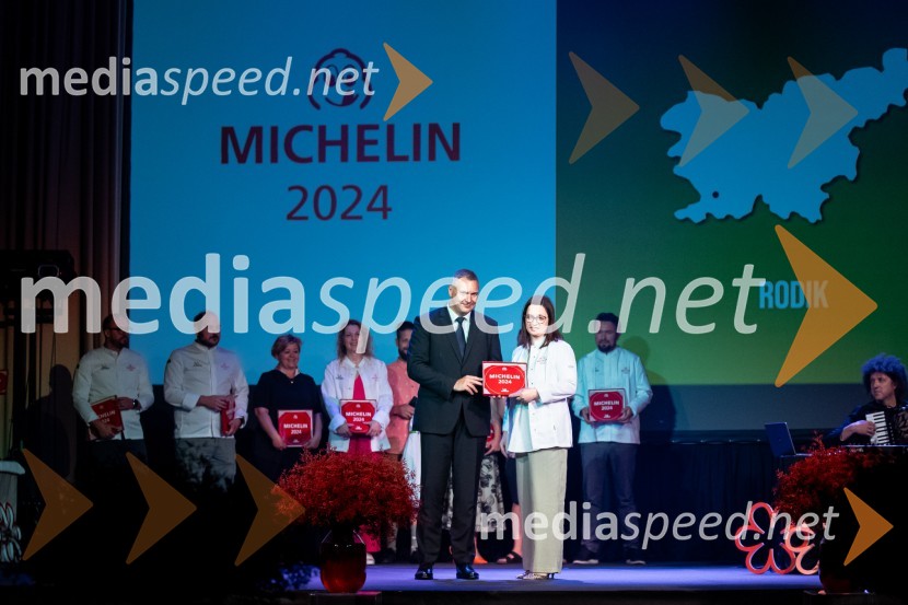 mag. Dejan  Židan, državni sekretar na Ministrstvu za gospodarstvo, turizem in šport;  Ksenija Krajšek Mahorčič, kuharska mojstrica, MahorčičRazglasitev izbora Michelin guide Slovenija 2024