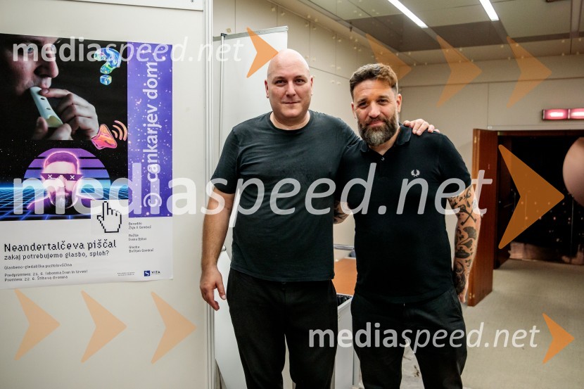  Boštjan Gombač, glasbenik;  Žiga  Gombač, pisatelj in pesnik, avtor stripa CukrarnaNeandertalčeva piščal, zakaj potrebujemo glasbo, sploh?, premiera v Cankarjevem domu