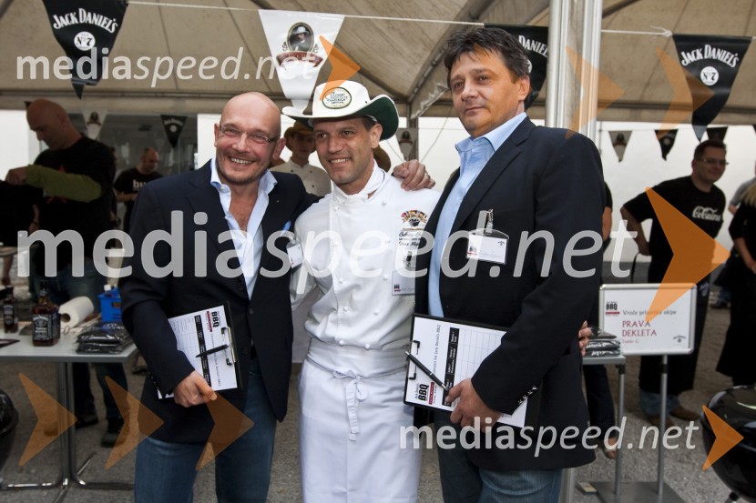 Slavc Grčar, G3 Spirit, uvozniki Jack Daniels izdelkov, Uroš Mihajlović, kuhar in Franc Željko Županič, direktor Kontrole zračnega prometa SlovenijeJack Daniel's barbecue party