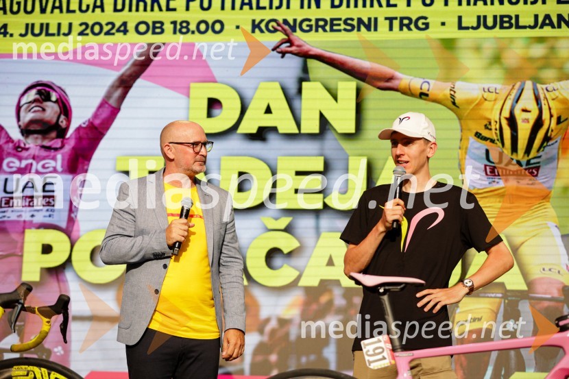  Anže Bašelj, voditelj;  Tadej Pogačar, kolesarSprejem Tadeja Pogačarja v Ljubljani