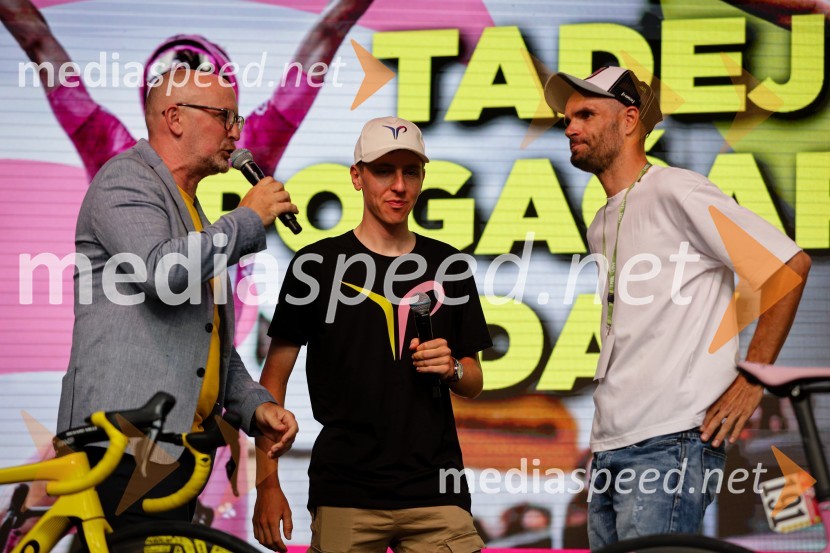  Anže Bašelj, voditelj;  Tadej Pogačar, kolesar;  Luka Mezgec, kolesarSprejem Tadeja Pogačarja v Ljubljani