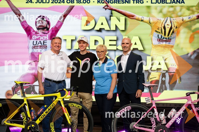  Zoran Janković, župan, Mestna občina Ljubljana;  Tadej Pogačar, kolesar; dr. Nataša Pirc Musar, predsednica Republike Slovenije;  Pavel Marđonović, predsednik kolesarske zveze SlovenijaSprejem Tadeja Pogačarja v Ljubljani