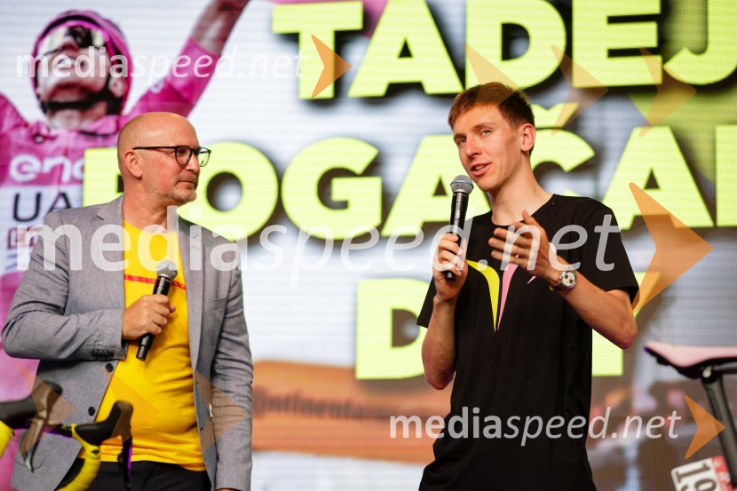  Anže Bašelj, voditelj;  Tadej Pogačar, kolesarSprejem Tadeja Pogačarja v Ljubljani